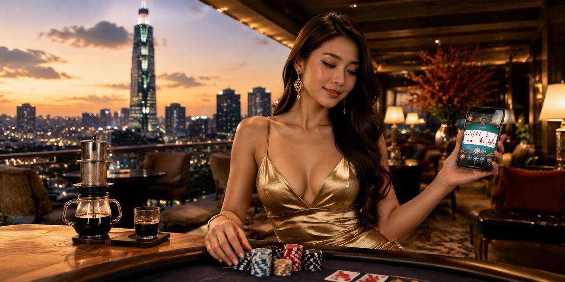 Người chơi game bài Việt Nam tại quán cà phê TP.HCM dùng điện thoại